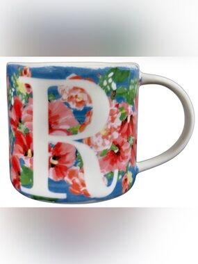 Anthropologie Dawn Mug Letter R Pink Blue Floral Coffee Tea Stoneware Monogram